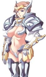 1girls armor bikini_armor blue_eyes breasts brown_hair claudia_levantine cleavage female full_body hikage_eiji knight kuroinu_~kedakaki_seijo_wa_hakudaku_ni_somaru~ large_breasts liquid_(company) mole nexton revealing_clothes simple_background solo white_background