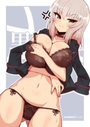 anger_vein artist_name ass_visible_through_thighs bangs black_bra black_choker black_jacket black_panties blue_eyes blush bra breast_hold breasts choker cleavage closed_mouth covering covering_breasts cowboy_shot dutch_angle emblem female floral_print frown girls_und_panzer glaring groin highres huge_breasts itsumi_erika jacket jacket_on_shoulders kuromorimine_(emblem) kuromorimine_military_uniform lace-trimmed_bra lace_trim long_sleeves looking_at_viewer medium_hair military military_uniform navel no_pants outline panties print_bra print_panties side-tie_panties silver_hair skindentation solo standing stomach strap_slip string_panties sweatdrop underwear uniform virus-g white_outline