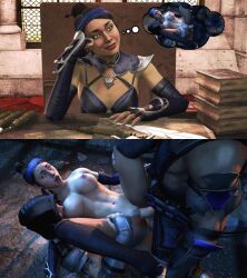 3d abs anal anal_sex big_breasts blush breasts daydream daydreaming desk edenian eyeless_male fantasizing fantasy kitana legs_apart legs_up medium_breasts mortal_kombat mortal_kombat_11 royalty scorpion_(mortal_kombat) smiling smokescreen117 sub-zero sucking sucking_nipples thought_bubble threesome vaginal_penetration