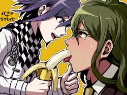 2boys banana danganronpa danganronpa_v3 drooling gay glasses gokuhara_gonta green_hair looking_at_another male male/male male_only ouma_kokichi pale_skin purple_eyes purple_hair red_eyes saliva saliva_drip sexually_suggestive straight_hair tan_skin tongue_out yaoi yonekiti_ronpa