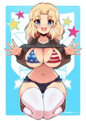 american_flag_bikini bikini blonde_hair blue_eyes blue_shorts blush border breasts cleavage clothes_lift collarbone covered_nipples female flag_print girls_und_panzer groin highres kay_(girls_und_panzer) large_breasts lifted_by_self looking_at_viewer micro_shorts military military_uniform navel open_mouth saunders_military_uniform shiny shiny_hair shirt_lift short_hair shorts smile solo star-shaped_pupils star_(symbol) sweat swimsuit symbol-shaped_pupils teeth thighhighs uniform upper_teeth virus-g white_border white_legwear