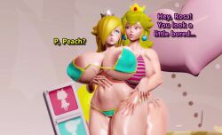 2girls 3d abstract_background animated bikini blonde_hair blue_eyes breast_fondling breasts brocobich brown_eyes dialogue english_text female female/female female_only huge_areolae huge_ass huge_breasts huge_nipples lactating lactation light-skinned_female mario_(series) milking multiple_girls nipple_grab nipples no_sound princess_peach princess_rosalina side-tie_bikini tagme text video wide_hips yuri