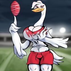 afl anthro atwistedsinner australian australian_football_league avian big_breasts breasts cleavage female female_only football football_uniform furry gigantic_breasts huge_breasts looking_at_viewer smile solo swan sydney_swans