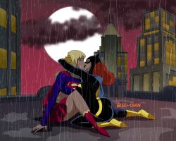 2girls ass barbara_gordon batgirl batman_(series) city clothing dat_ass dc dc_comics dcau female female_only glee-chan hi_res kara_zor-el kissing miniskirt outside rain supergirl superman_(series) yuri