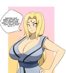 1girls before_and_after blonde_hair brown_eyes confusion curvy_body curvy_milf dialogue english_text female female_only forehead_jewel fully_clothed hand_on_hip huge_breasts kobi-tfs kobi94 large_breasts long_hair naruto naruto_(series) naruto_shippuden ponytail simple_background solo tsunade