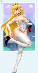 1girls absurd_res aqua_eyes areolae arm_gloves bent_leg blonde_hair breasts breasts_outside choker crown earrings female female_only heels heels_removed holding_heels leg_up leotard liuskin long_hair looking_away mario_(series) necklace nintendo nipples pink_lips princess_peach solo solo_female super_mario_bros. thick_thighs thighhighs white_thighhighs