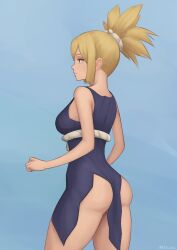 1girls ass bangs blonde_hair dr.stone dress female green_eyes kohaku_(dr.stone) kris_null light-skinned_female light_hair light_skin ponytail side_view simple_background solo tagme thick_thighs thighs white_skin