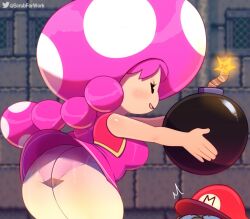 1boy 1girls ass bare_shoulders big_ass big_breasts big_butt black_eyes bomb breasts butt_crack_outline cap chubby clothed clothing dat_ass dress_shirt female female_focus half-closed_eyes light-skinned_female light_skin male mario mario_(series) mushroom nintendo no_nose open_mouth panties pigtails pink_hair pink_panties red_cap red_vest shortstack sideboob somescrub super_mario_maker super_mario_maker_2 super_mario_world thick thick_ass thick_hips thick_thighs toadette underwear upskirt vest wide_hips