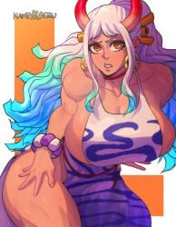 1girls big_breasts blue_hair breasts brown_eyes clothed clothing curvy ear_piercing earrings female female_only gradient_hair green_hair hi_res highres hoop_earrings horned_humanoid horns humanoid kameseru large_breasts light-skinned_female light_skin long_hair multicolored_hair one_piece oni oni_female oni_horns red_horns revealing_clothes sideboob simple_background solo two_tone_hair white_hair wide_hips yamato_(one_piece) youkai