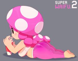 1girls ass barefoot big_ass big_breasts big_butt black_eyes bra breasts butt chubby clothed clothing cute drinking female female_only grey_background light-skinned_female light_skin logo_parody lying lying_on_stomach mario_(series) midriff mushroom nintendo no_nose pants pigtails pink_hair pink_pants shortstack solo solo_female somescrub sports_bra super_mario_maker super_mario_maker_2 thick thick_ass thick_hips thick_thighs toadette white_sports_bra wide_hips yoga_pants