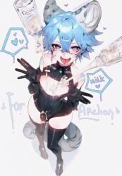 ahe_gao akishycat archon_eclipse black_clothing blue_eyes blue_hair bulge bulge_through_clothing catboy cum cum_shower femboy leather nipples tail thick_thighs trap