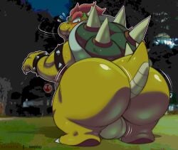 2022 anthro armband ass backsack balls bara big_balls big_butt blush bodily_fluids bowser bracelet bubble_butt claws detailed_background eyebrows genitals grass hair hi_res horn huge_balls huge_butt huge_thighs jewelry koopa looking_at_viewer looking_back looking_back_at_viewer male male_only mario_(series) motion_lines night nintendo nude open_mouth outside patreon plant rear_view satsui-n0-had0u scalie shell sky solo spiked_armband spiked_bracelet spiked_shell spiked_tail spikes spikes_(anatomy) standing sweat sweatdrop teeth text thick_thighs tree url video_games