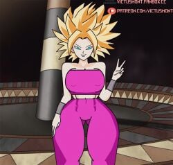 1girls abs alternate_outfit_color alternate_version_at_source ass_visible_through_thighs big_breasts blonde_hair blue_eyes bracelet caulifla clothes dragon_ball dragon_ball_super hand_on_thigh peace_sign saiyan smile super_saiyan tank_top thick_thighs thigh_gap top victusmont wide_hips