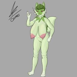 2022 anthro anthrofied big_breasts breasts cosmosarts drugs female fupa fur furry furry_only game_freak green_body green_fur green_hair hair hi_res naked nintendo nipples nude pink_nipples pokémon_(species) pokemon pokemon_sv pussy sagging_breasts solo sprigatito tail video_games