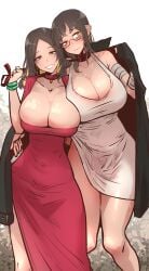 cleavage collar dress eyeshadow glasses jacket large_breasts leash mistimagi mistimagi_(character) necklace pointy_ears red_dress white_dress yellow_eyes