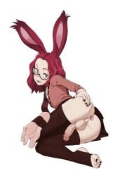 1boy anthro anus ass balls black_fingernails black_toenails blush bunny_boy bunny_ears feet femboy foot_fetish foot_focus girly glasses male male_only penis red_hair shirt skirt skk solo spread_anus