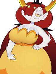 1girls alternate_version_available bellupup big_breasts breasts cleavage clothing demon demon_girl demon_horns dress female female_only hair hair_over_one_eye half-closed_eyes hand_on_hip hekapoo horns huge_breasts long_hair red_hair solo solo_female star_vs_the_forces_of_evil yellow_dress yellow_eyes