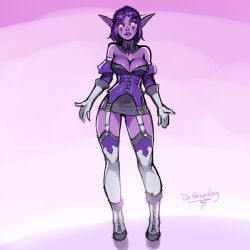 2d cleavage detached_collar detached_sleeves dr_graevling elbow_gloves elf elf_ears facial_markings garter_straps glowing_eyes long_eyebrows miniskirt night_elf nipple_slip pointy_ears purple_hair purple_skin raelisenna_nightdream warcraft world_of_warcraft