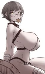 1futa bra brown_hair collar food food_in_mouth futa_only futanari glasses glowing_eyes large_breasts mistimagi mistimagi_(character) penis shield short_hair tape underwear yellow_eyes