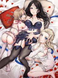 3girls all_fours arm_support ass ass_cleavage babydoll bare_shoulders bed black_hair black_legwear black_panties blonde_hair blue_eyes blush breasts butt_crack clara_(girls_und_panzer) cleavage closed_mouth collarbone emblem eyebrows_visible_through_hair garter_belt garter_straps girls_und_panzer highres katyusha komekueyo large_breasts lingerie long_hair looking_at_viewer looking_up lying multiple_girls navel negligee nonna oerba_yun_fang on_back on_bed open_mouth panties petals pillow pink_panties pravda_(emblem) rose_petals shiny shiny_hair short_hair shoulder_blades sitting small_breasts smile thighhighs underwear white_legwear yuri