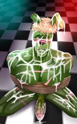 animatronic anthro bara blushing bodily_fluids bunny cum cum_in_mouth cum_on_body cum_on_face dick ejaculation erection facial_scar fangs five_nights_at_freddy's fnaf gay green_body green_skin humanoid male_anthro male_only muscles muscular_male nervous ninjagreen99 nipples nude pecs precum rabbit rope rope_bondage rope_harness scar solo solo_male springtrap springtrap_(fnaf) tears veiny_penis