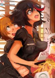 bbadogg big_mac blush coke female_only fingering fingering_under_clothes fries fully_clothed kill_la_kill mankanshoku_mako matoi_ryuuko mcdonald's open_mouth work_uniform workplace yuri