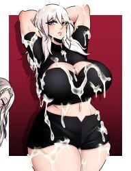 1girls abs alternate_costume bukkake byleth_(fire_emblem) byleth_(fire_emblem)_(female) cleavage cosplay cum cum_drip cum_on_body cum_on_breasts cum_on_face cum_on_hair cum_on_thighs edelgard_von_hresvelg expressionless female female_only fire_emblem fire_emblem:_three_houses huge_breasts large_breasts long_hair midriff muscular_female naughty_face nintendo purple_eyes seductive solo solo_focus tensa-zangitsu thick_thighs white_hair wide_hips