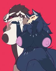 2girls abyssal_wolf big_breasts bodily_fluids breasts drooling elvia female furry legs_crossed nastycalamari nintendo nipples obstagoon pokemon pokemon_(species) saliva tagme