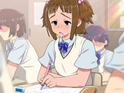 1girls after_fellatio after_rape ahe_gao blush censored crying cum cum_in_mouth mosaic_censoring nighthawk_(circle) open_mouth school school_desk school_uniform schoolgirl table