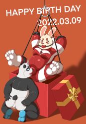 absurd_res aciag ass ball_gag bound box bulge container duo gag gagged giant_panda gift hand_on_head hi_res humanoid lagomorph leporid male male/male mammal presenting presenting_hindquarters rabbit ursid