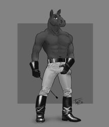 absurd_res anthro boots bottomwear bulge bulge_rubbing clothed clothing dominant dominant_anthro dominant_male equid equine erection erection_under_clothing footwear gloves greyscale handwear hi_res horse leather leather_belt leather_boots leather_clothing leather_footwear leather_gear leather_gloves leather_handwear looking_at_viewer male mammal monochrome muscular nipples pants riding_crop simple_background smug solo solo_focus standing totobun whip