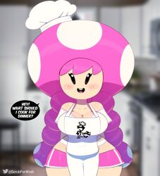 1girls apron barefoot big_breasts black_eyes blurry_background breasts chef chef_hat chubby cleavage clothed clothing cute female female_only front_view light-skinned_female light_skin looking_at_viewer mario_(series) midriff mushroom nintendo no_bra no_nose no_panties open_mouth pigtails pink_hair pink_shorts short_shirt short_shorts short_sleeves shorts shortstack solo solo_female somescrub text text_bubble thick thick_hips thick_thighs toadette white_shirt wide_hips