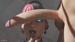 3d blender blue_eyes book desk earrings fortnite gloves kor_(fortnite) long_penis penis_awe penis_on_face red-j red_lj skirt unseen_male_face