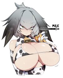 absurdres animal_print bangs bare_shoulders bell bikini blonde_hair bouncing_breasts breasts closed_mouth clothing_cutout cow_print cowbell cropped_torso english_text eyebrows_visible_through_hair female gloves gradient_hair green_eyes grey_hair hair_between_eyes hand_up highres holding holding_hair huge_breasts kemono_friends light_frown micro_bikini motion_lines multicolored_hair neckbell shoebill_(kemono_friends) silver_hair slugbox solo strap_gap string_bikini sweat swimsuit underboob upper_body v-shaped_eyebrows white_gloves