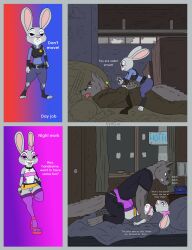 absurd_res anthro anthro_only bound bow breasts canid canine canis clothed_sex clothing comic detention dialogue digital_media_(artwork) disney duo erect_nipples erect_nipples_under_clothes female fur gem grey_body grey_fur hi_res hotel_room irony judy_hopps makeup male male/female mammal mostly_nude panties police police_officer police_uniform prostitution sex skirt small_breasts smile stockings text uniform vylfgor warehouse wolf zootopia