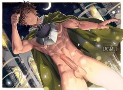 1boy abs border bottomless brown_hair cape crescent_moon dutch_angle erection eyebrows_visible_through_hair green_cape hair_between_eyes iwatani_naofumi laosmut male_focus male_only moon naked_cape night night_sky outdoors pectorals penis signature sky solo solo_male tate_no_yuusha_no_nariagari testicles toned toned_male white_border yellow_eyes