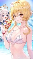 beach blaname doco_(doco3811) genshin_impact ice_cream lumine_(genshin_impact) paimon_(genshin_impact) sfw wholesome