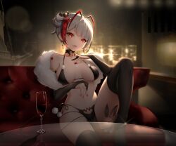 :p antenna_hair arknights backless_outfit bangs bat_hair_ornament bikini black_bikini black_choker black_gloves black_legwear black_nails black_ribbon breasts breasts_apart brs_(33143752) cherry choker collarbone couch cup demon_girl demon_horns demon_tail drink drinking_glass earrings elbow_gloves eyebrows_visible_through_hair female female food food_on_body fruit fur_shawl glass_table gloves hair_ornament horns indoors jewelry knee_up lamp looking_at_viewer medium_breasts multicolored_hair nail_polish on_couch open_mouth partially_fingerless_gloves pom_pom_(clothes) red_eyes red_hair rhodes_island_logo ribbon short_hair side-tie_bikini side_bun silver_hair sitting socks solo stuffed_animal stuffed_bunny stuffed_toy swimsuit table tail thighhighs tongue tongue_out two-tone_hair w_(arknights)