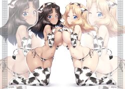 2girls ;) animal_ears animal_print bell bikini black_hair blonde_hair blue_eyes blush boots breast_press breasts cameltoe chinese_zodiac collar covered_nipples cow_ears cow_girl cow_horns cow_print cow_tail el_(girls_und_panzer) elbow_gloves english_text eyebrows_visible_through_hair fake_animal_ears fake_horns fake_tail full_body girls_und_panzer gloves groin high_heel_boots high_heels highres horns kay_(girls_und_panzer) kuzuryuu_kennosuke large_breasts looking_at_viewer micro_bikini multiple_girls navel neck_bell one_eye_closed open_mouth shiny shiny_hair side-tie_bikini smile swimsuit symmetrical_docking tail thigh_boots thighhighs year_of_the_ox zoom_layer