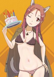 animal_ears bikini birthday birthday_cake blush breasts cake clothing collarbone dog_ears dog_tail eyebrows_visible_through_hair female food hand_on_hip heart heart-shaped_pupils highres jewelry keicha_(kmoekaki) large_breasts long_hair military military_uniform minna-dietlinde_wilcke necklace one_eye_closed open_mouth red_eyes red_hair shiny shiny_hair shiny_skin smile solo strike_witches swimsuit symbol-shaped_pupils tail uniform world_witches_series