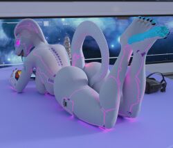 android animal_humanoid anthro ass bbdworks feet female glowing glowing_eyes glowing_markings hi_res humanoid machine markings reptile reptile_humanoid robot robot_humanoid scalie scalie_humanoid snake_humanoid solo syndra_(bbd-works) tongue tongue_out video_games