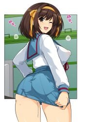 ;d ass bangs blue_sailor_collar bow breasts brown_eyes brown_hair commentary_request condom condom_left_inside covered_nipples cowboy_shot cum cumdrip eyebrows_visible_through_hair female from_behind hairband hairbow haruhisky highres kita_high_school_uniform large_breasts long_sleeves looking_at_viewer looking_back medium_hair microskirt miniskirt no_panties one_eye_closed open_mouth orange_bow orange_hairband puffy_nipples red_ribbon ribbon sailor_collar school_uniform serafuku shirt shirt_tucked_in skirt skirt_tug sleeve_cuffs smile solo standing suzumiya_haruhi suzumiya_haruhi_no_yuuutsu thighs used_condom v-shaped_eyebrows white_shirt