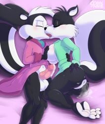 anthro barefoot bathrobe big_breasts breast_grab cum cum_drip cum_in_ass cum_inside cum_overflow french_kissing gobanire looney_tunes penelope_pussycat pepe_le_pew soles toes veins veiny_penis