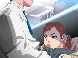 1boy 1girls blowjob censored emotionless fellatio female male mosaic_censoring nighthawk_(circle) office office_lady oral restrained time_stop under_table uniform