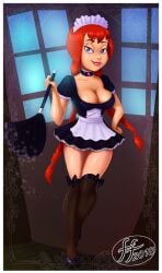 14-bis 2018 abba_the_viking asterix_and_obelix blue_eyes braided_hair cleaning cleaning_tool cleavage collar dress featherduster female female_only fully_clothed maid maid_dress maid_headdress maid_uniform minidress miniskirt red_hair revealing_clothes shiny_skin stockings uniform