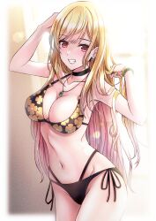 absurdres barbell_piercing bikini black_bikini black_choker blonde_hair breasts choker cleavage commentary cowboy_shot ear_piercing female floral_print gyaru highres industrial_piercing jewelry kitagawa_marin large_breasts multi-strapped_bikini necklace piercing print_bikini sawwei005 side-tie_bikini solo sono_bisque_doll_wa_koi_wo_suru string_bikini swimsuit