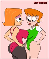 ass ass_grab back_view big_breasts breasts cameltoe cartoon_network crossover debbie_turnbull debs_turnbull dexter's_laboratory dexter's_mom female female_only grabbing_ass gym_uniform gymnastics huge_breasts leotard milf nickelodeon nipples_visible_through_clothing retro robotboy sexfightfun spines sports_uniform string yuri