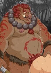 2022 anthro belly bodily_fluids chobikuma hi_res humanoid_hands kemono male mammal moobs nipples outside overweight overweight_male pubes sex solo_focus suid suina sus_(pig) sweat tongue tongue_out wild_boar