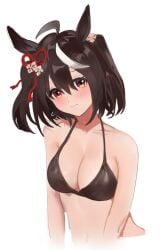 ahoge animal_ears bangs bikini black_bikini black_hair breasts corrugatedrush eyebrows_visible_through_hair female female hair_between_eyes halterneck head_tilt highres horse_ears horse_girl kitasan_black_(umamusume) large_breasts looking_at_viewer multicolored_hair one_side_up red_eyes short_hair simple_background solo streaked_hair swimsuit umamusume upper_body white_background