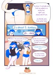 absurd_res annoyed anthro ass bag baggy_clothing beanie black_clothing black_shirt black_tank_top black_topwear blue_bottomwear blue_clothing blue_panties blue_shorts blue_underwear bottomwear butt_shot calendar_(object) chibi chocomint_texa clothing comic covering covering_eyes covering_face dialogue domestic_cat duo english_text felid feline felis female fur furniture gesture hat headgear headwear hi_res humor long_tail male male/female mammal multicolored_eyes open_mouth page_4 panties shaded shirt shorts shrug sofa solo speech_bubble tail tank_top texa text topwear underwear walking white_body white_clothing white_fur white_shirt white_topwear zoe_(texaaa)